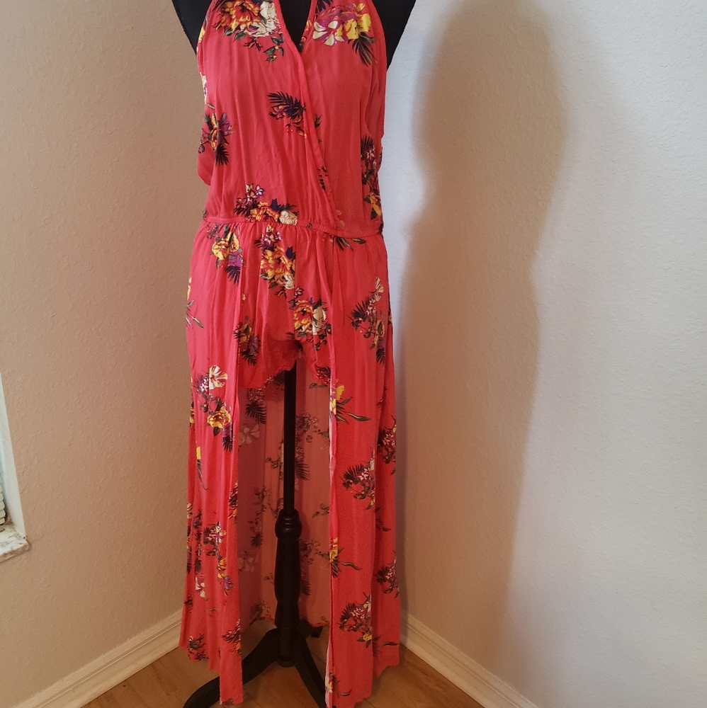 Tropical Peach Floral Romper with overlay - Picture 2 of 14